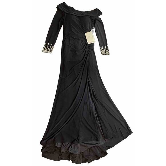 Mac Duggal Beaded Cuff Drop Shoulder Faux Wrap Gown Maxi Dress 8 Midnight Navy - Picture 5 of 15